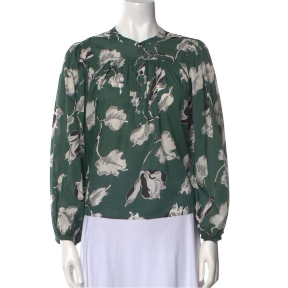 THE GREAT. Green Tale Floral Vintage Inspired Smocked Blouse - Picture 1 of 11